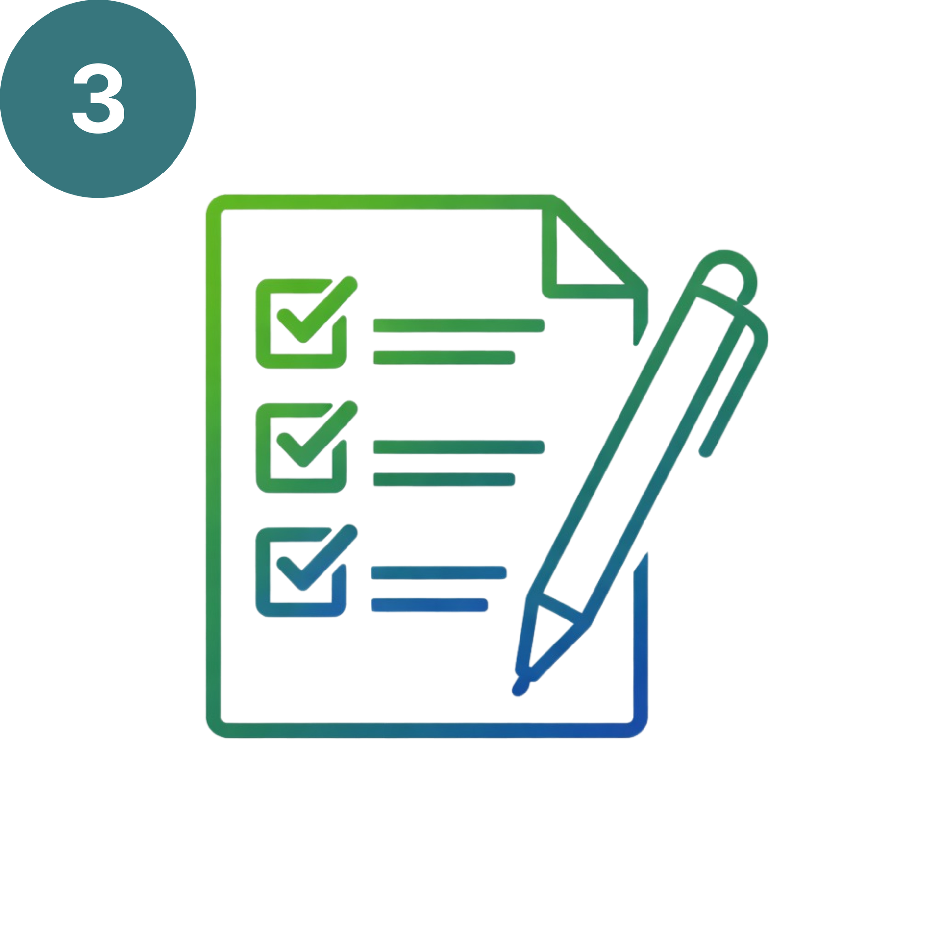 Checklist met pen; punt 3 van een proces gemarkeerd met groene vinkjes.