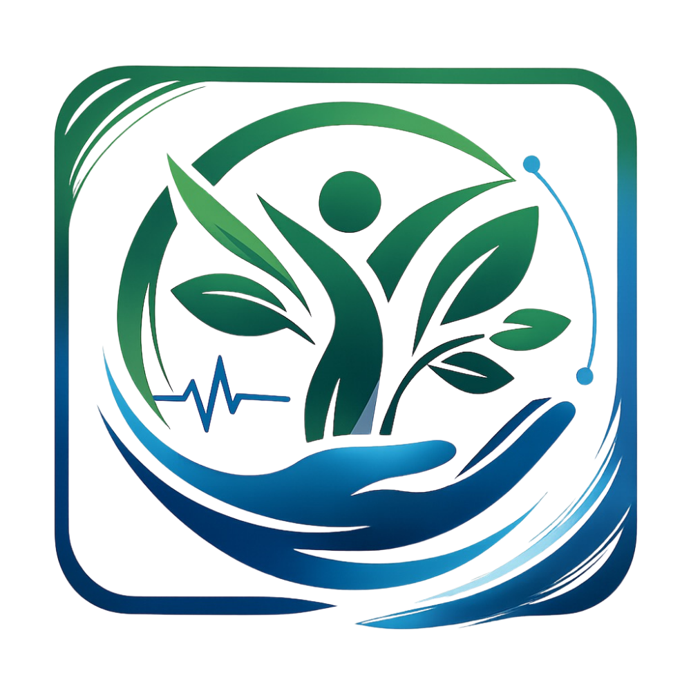 Groene bladeren en een figuur die oprijst uit open handen, binnen een blauw vierkant met een hartslaglijn.