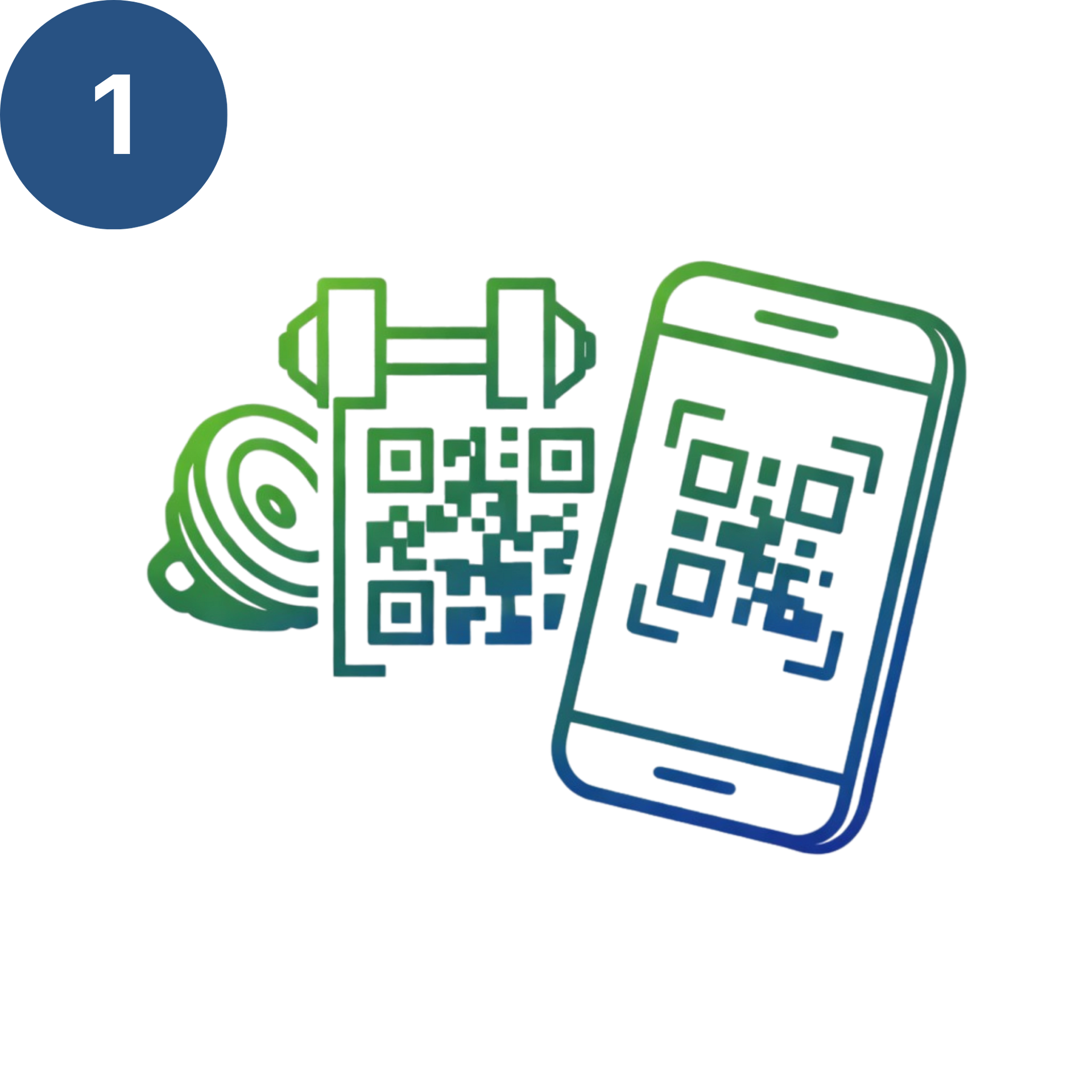 Een smartphone scant een QR-code naast gewichten en een fitnessmat.