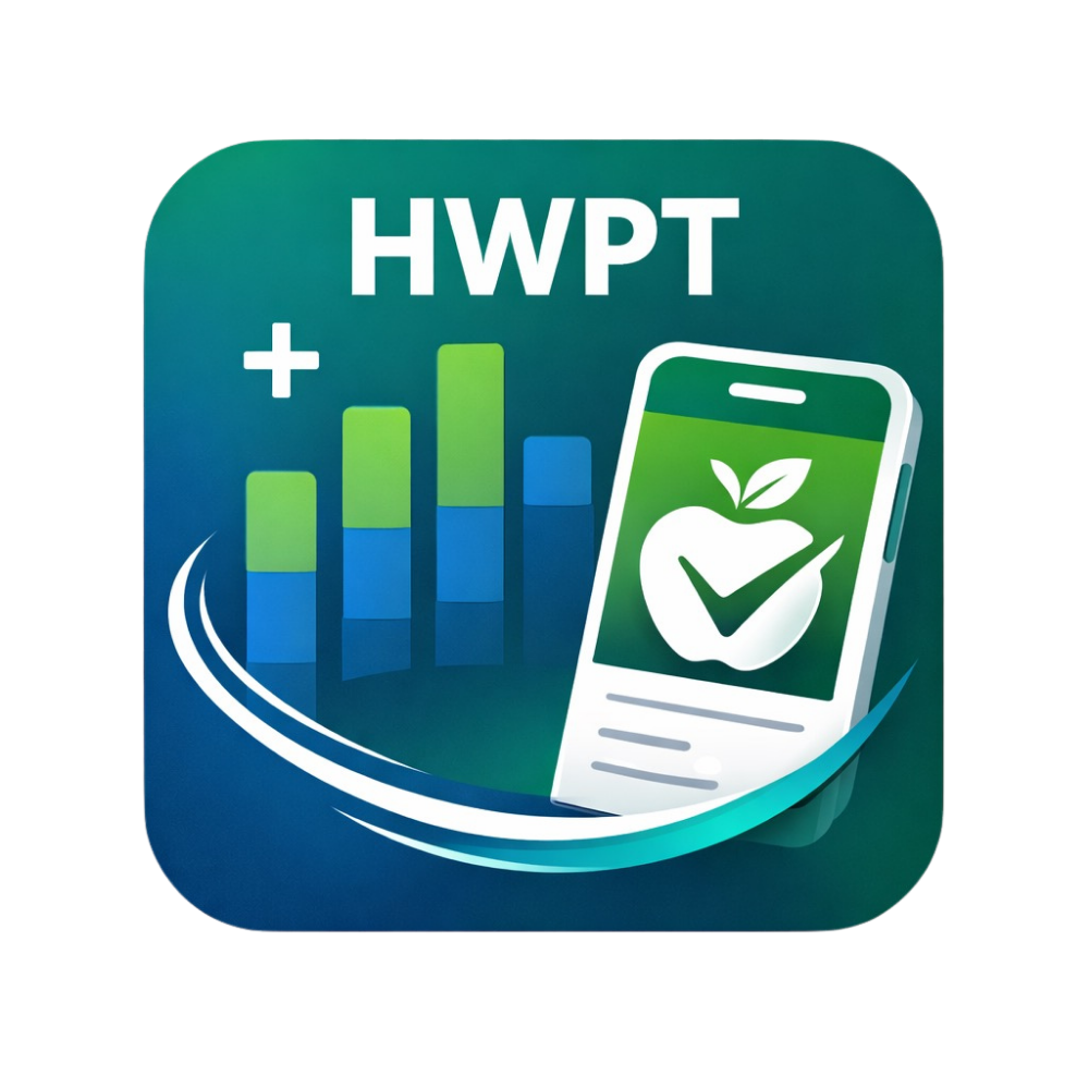 HWPT-applogo: Smartphone met vinkje, appel, grafieken en een blauwgroene achtergrond.