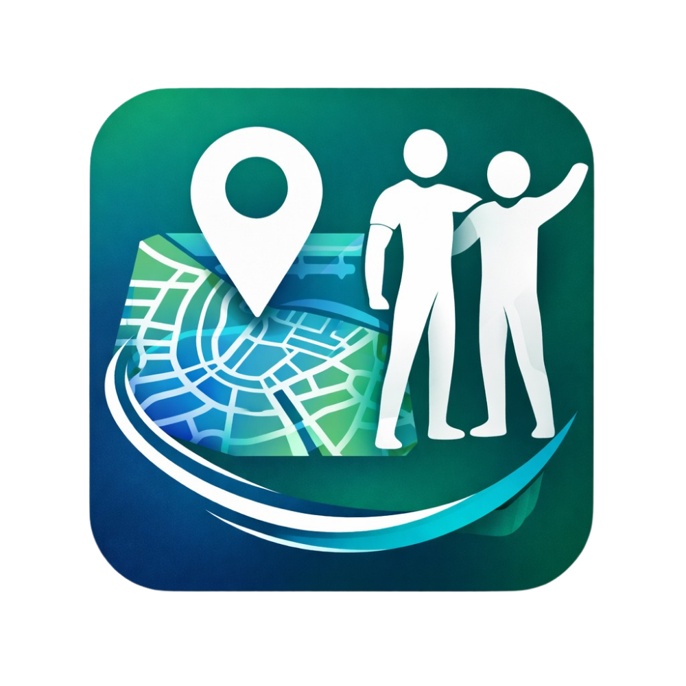 App-pictogram: Kaart met locatiepin en twee silhouetten, in een turquoise en wit ontwerp.