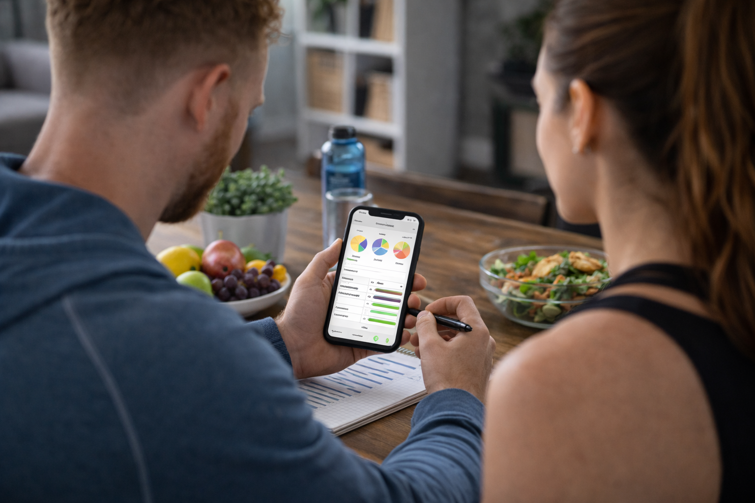 Een stel bekijkt een fitness-app op hun telefoon terwijl ze een gezond dieet samenstellen.
