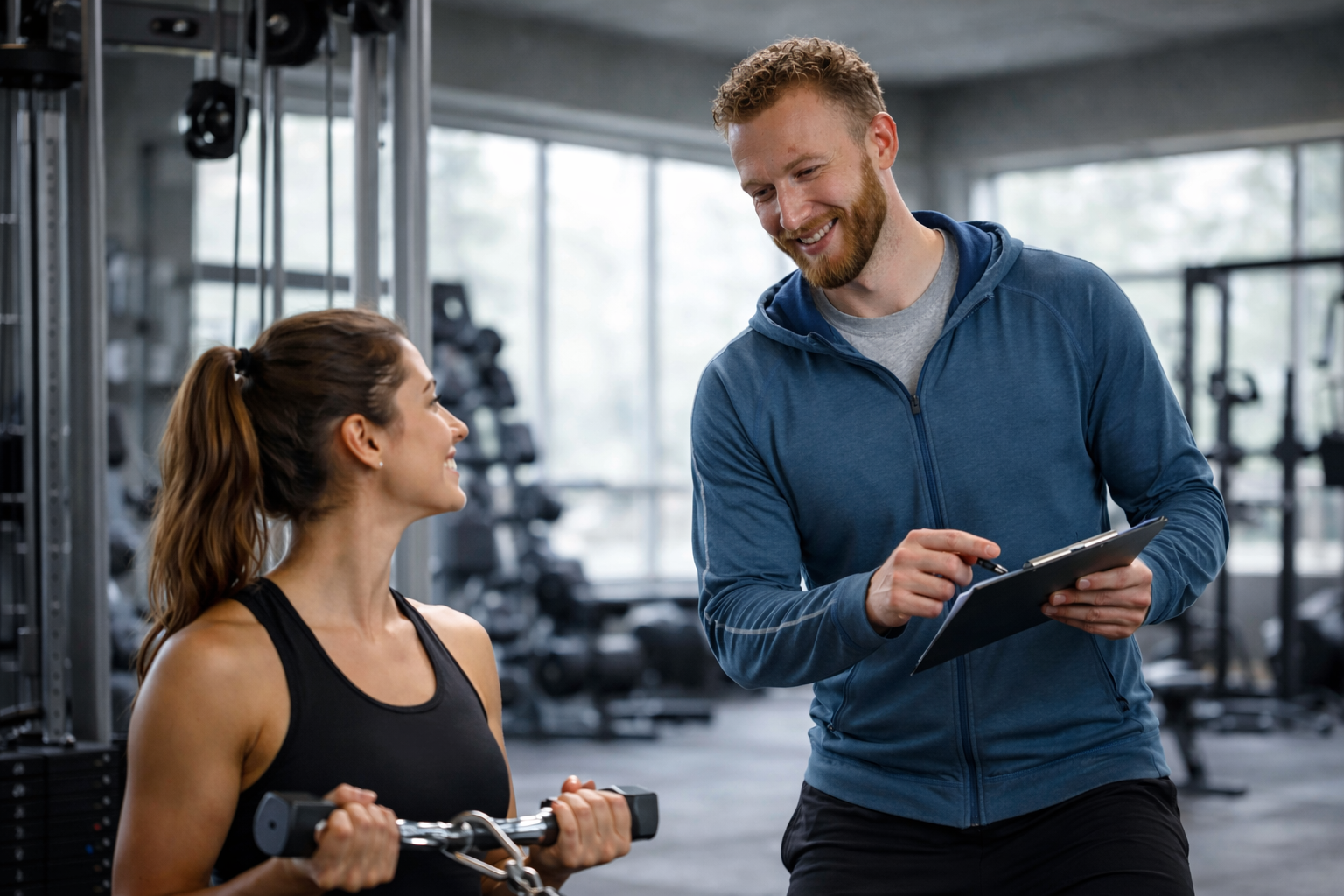 Een vrouw traint met gewichten en praat met een trainer in een sportschool. De trainer heeft een klembord in zijn hand en glimlacht.