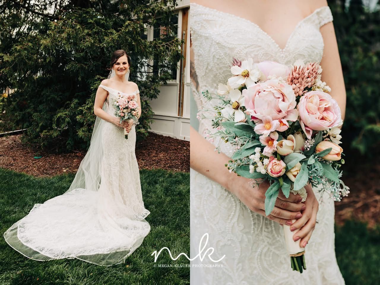 A bride in a wedding dress is holding a bouquet of flowers.