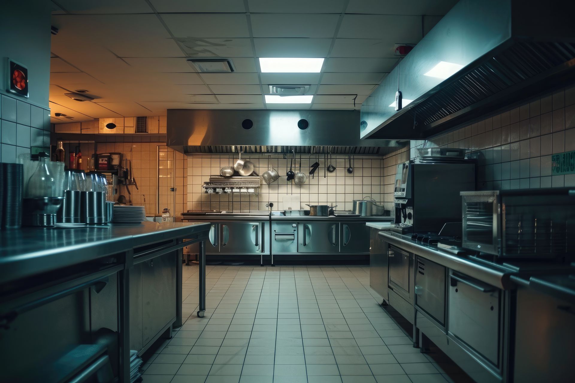 Una cucina commerciale vuota con elettrodomestici e ripiani in acciaio inossidabile.