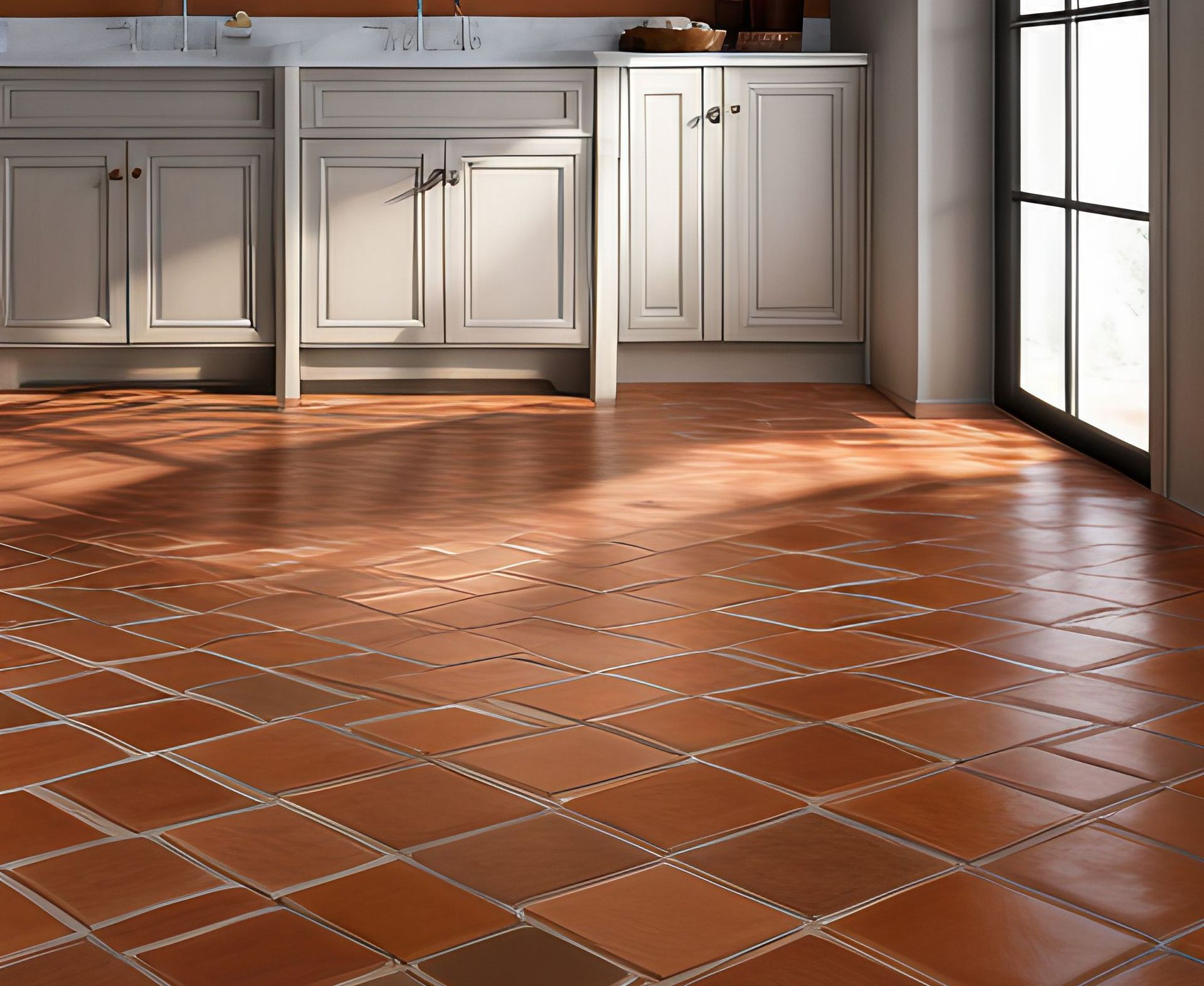 Una cucina con pavimento piastrellato e mobili bianchi