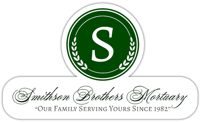 Logo for Smithson Brothers Mortuary featuring a green circle with an 'S' and wheat stalks above text reading 