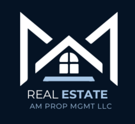 White and blue real estate logo with stylized