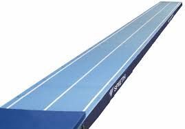 A long blue track with white lines on a white background.