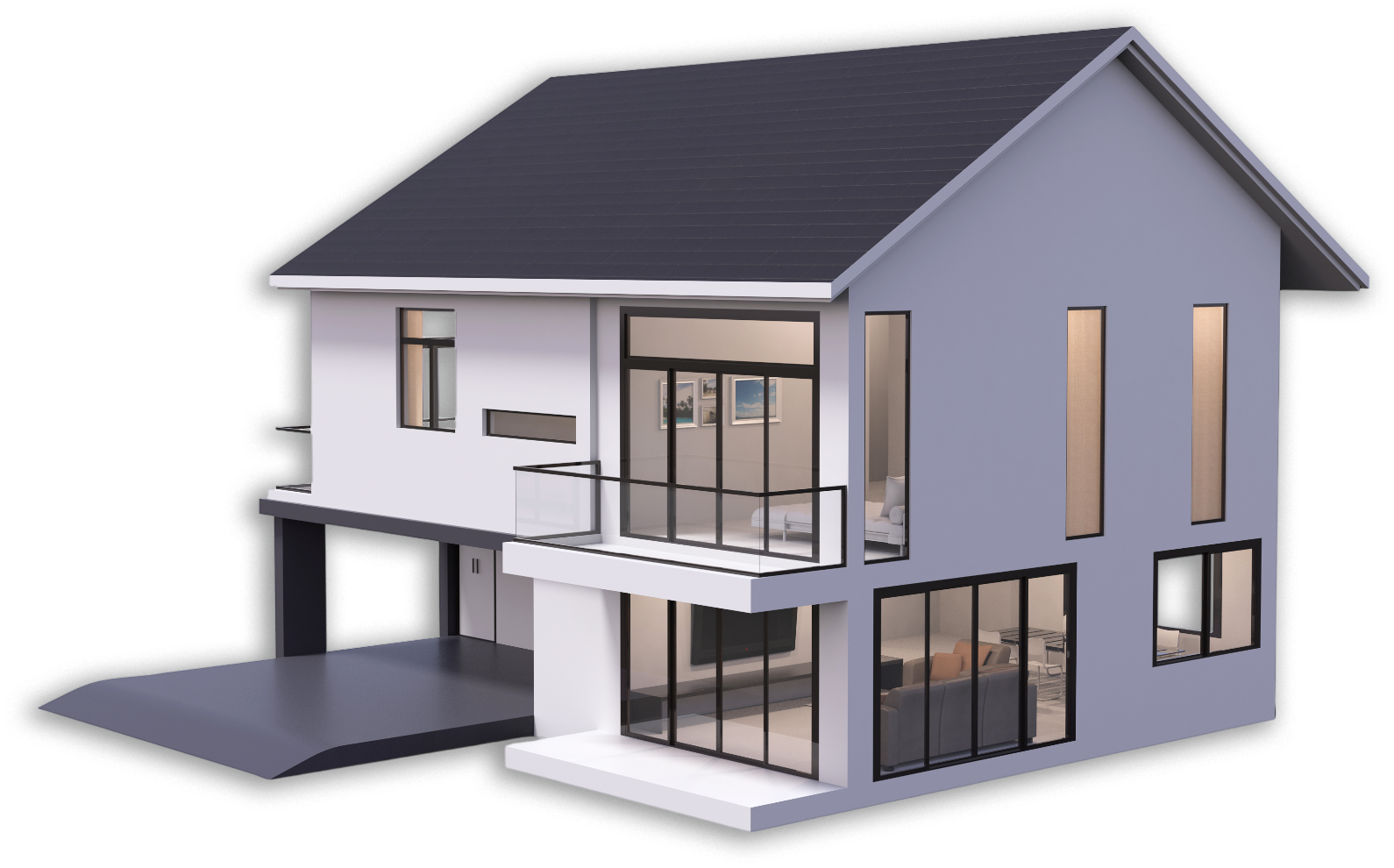 Two-story modern house, light blue and white with black roof, large windows, and a carport.