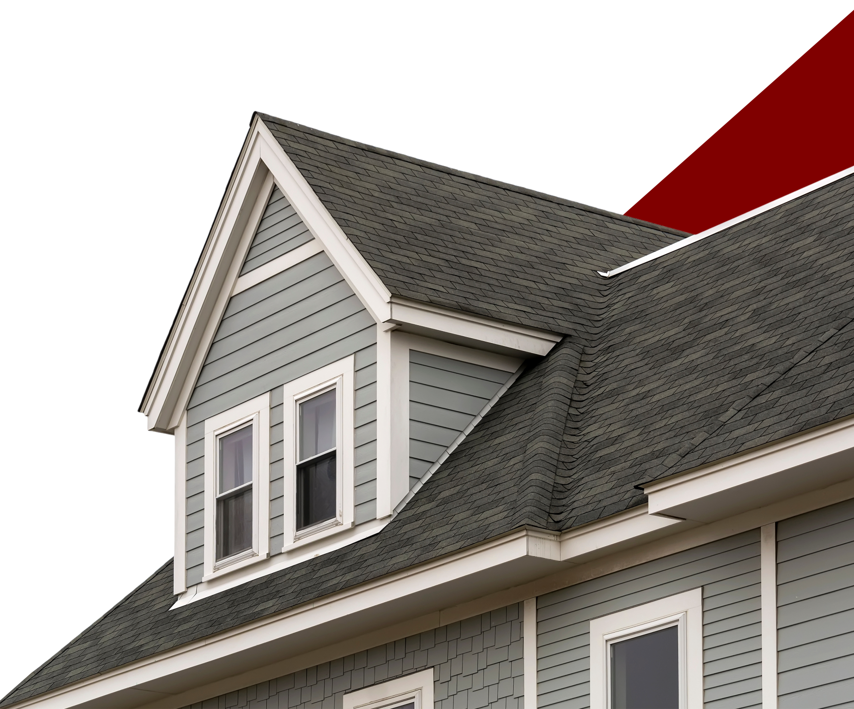 House roof with dormer window, gray siding, white trim, and dark shingles.
