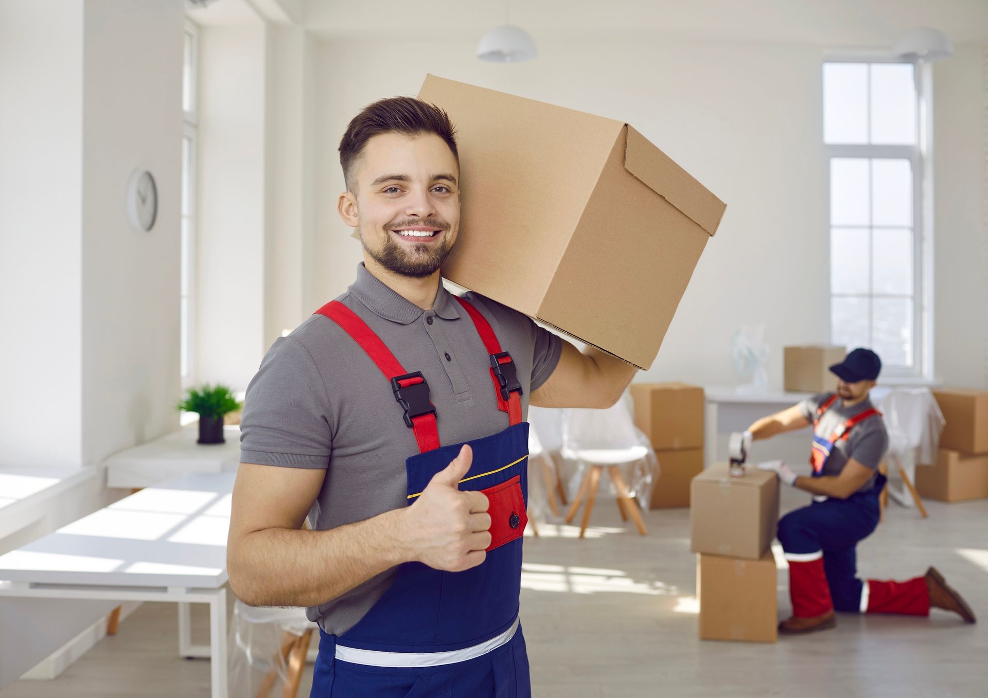 A man is holding a cardboard box on his shoulder and giving a thumbs up.