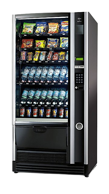 un distributore automatico pieno di bevande e snack su uno sfondo bianco.