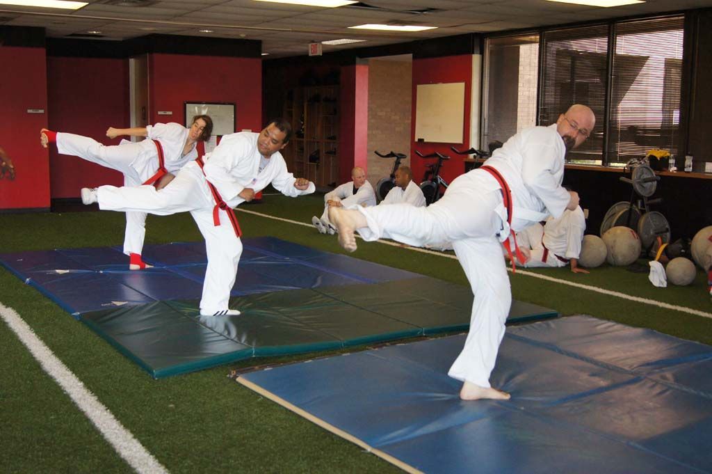 A group of people are practicing martial arts in a gym