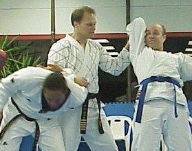 A group of men are practicing martial arts in a gym.