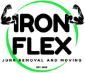 Logo for Iron Flex, junk removal & moving. Black text, green circle, flexed arms, "Est. 2025".
