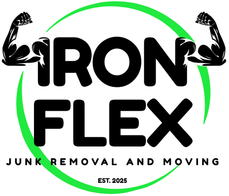 Logo for Iron Flex: Black text with flexed arms, green circle, and "Junk Removal and Moving."