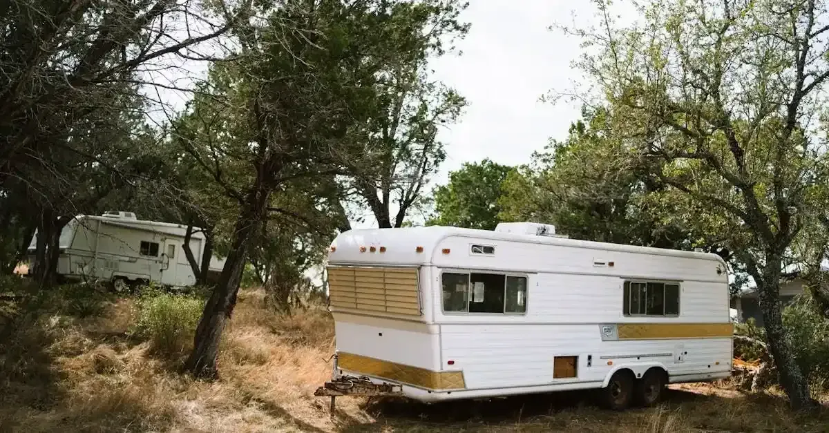 Two white RVs parked on a hillside, surrounded by trees and dry grass.