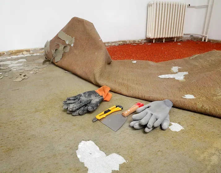 Removing old carpet; gloves and tools rest on floor, red beneath carpet, radiator in the background.