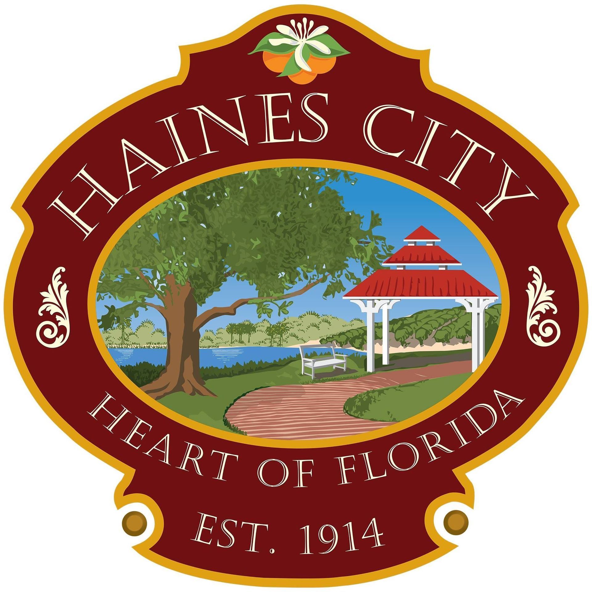 Haines City, Florida, seal: Maroon-bordered oval, landscape with gazebo and lake, surrounded by text and orange blossoms.