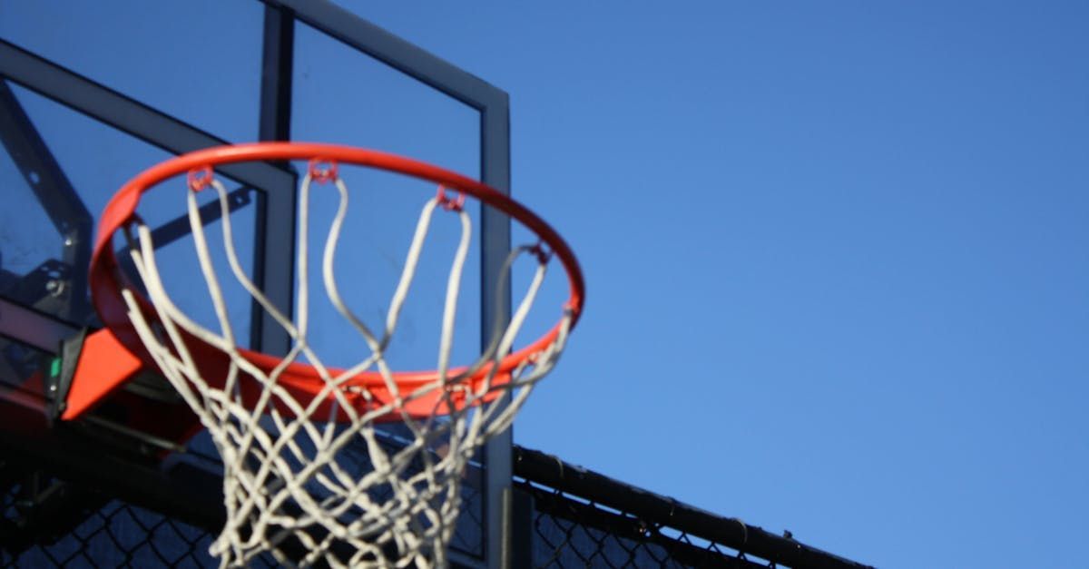 Basketball hoop with red rim and white net against a clear blue sky.