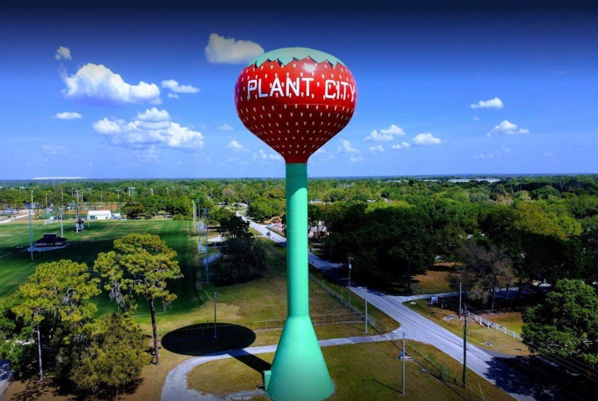 Strawberry-shaped water tower in Plant City, Florida, painted red with white dots and “PLANT CITY” in white text.