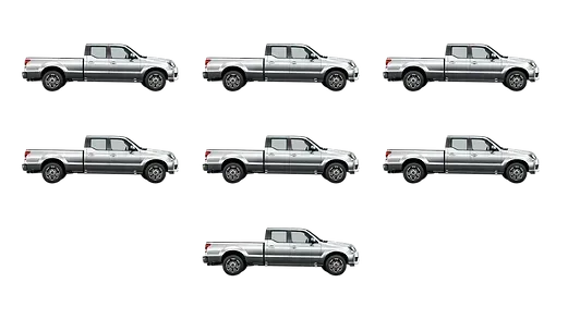 Seven silver pickup trucks on a white background.