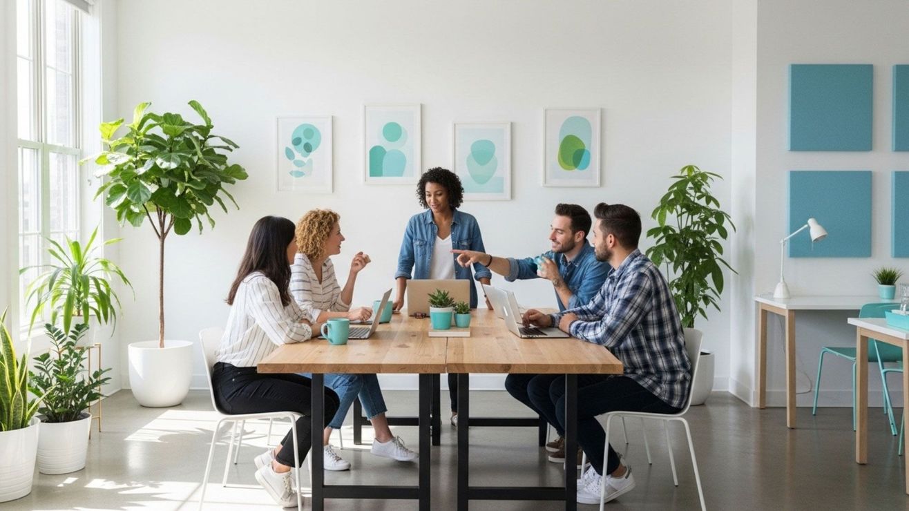 People at a meeting around a wooden table in a bright office. One person points, others use laptops and listen.