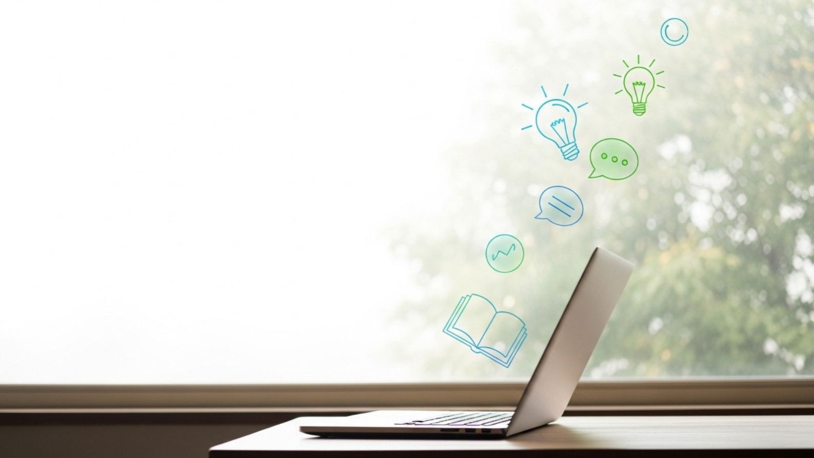 Laptop with floating icons of ideas, books, and speech bubbles near a window.