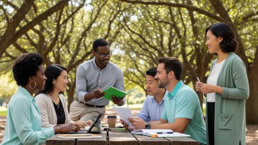 Colleagues in a park meeting, discussing papers around a table with laptops and notebooks.