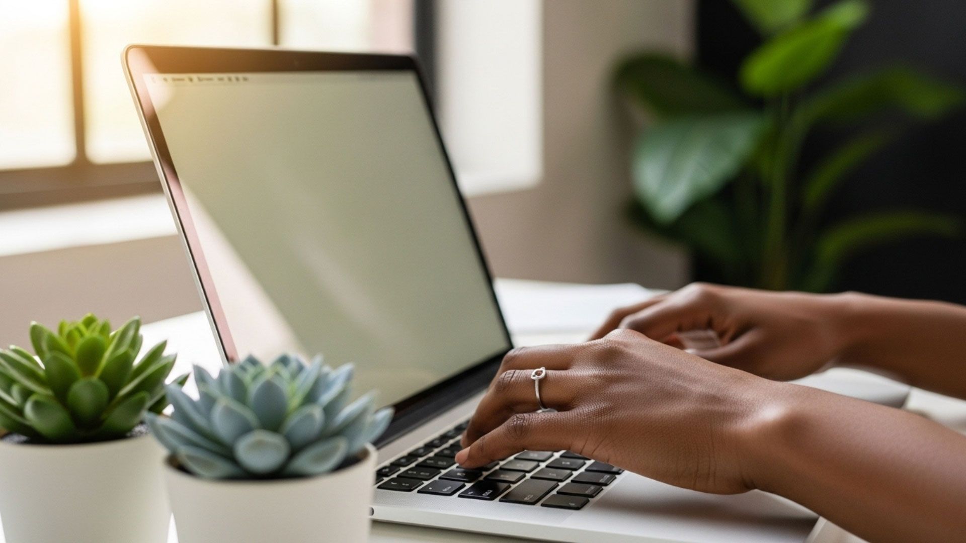 Hands typing on a laptop with two succulent plants on the desk. Bright natural light.