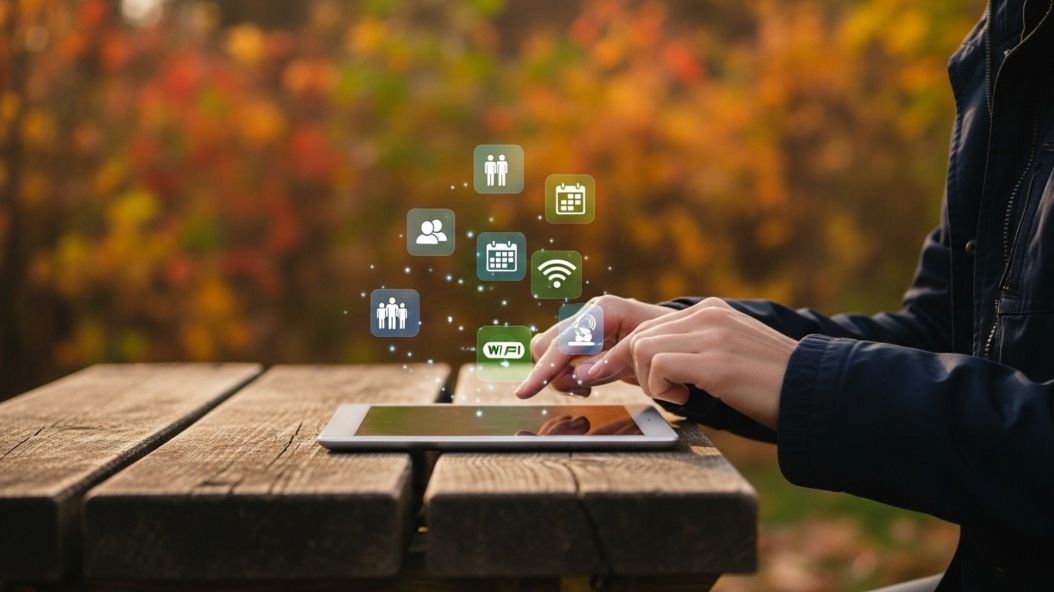 Person using a tablet outdoors with floating app icons, autumn foliage background.