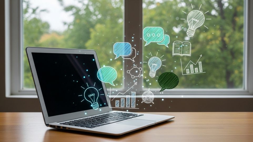 Laptop with lightbulb and chat bubble graphics, set against window and trees.