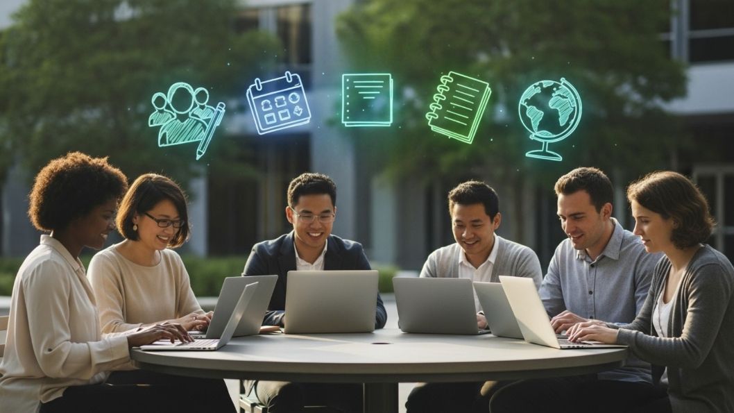 Group of people working on laptops around a table with holographic icons floating above them.