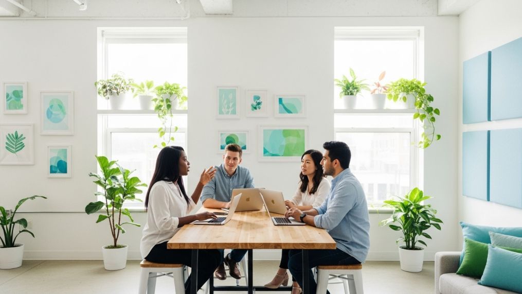 People at a wooden table in an office setting, discussing. Plants and artwork decorate the bright, white room.