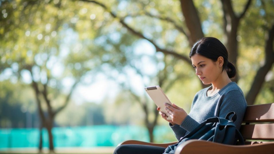 Woman sits on park bench, reading tablet. Trees and greenery in background.