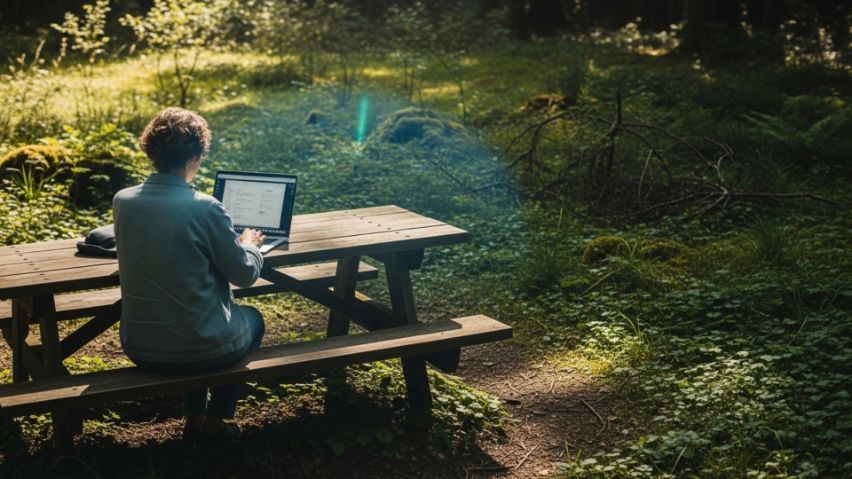 Person sitting at picnic table in forest, using laptop. Sunlight shines through trees.