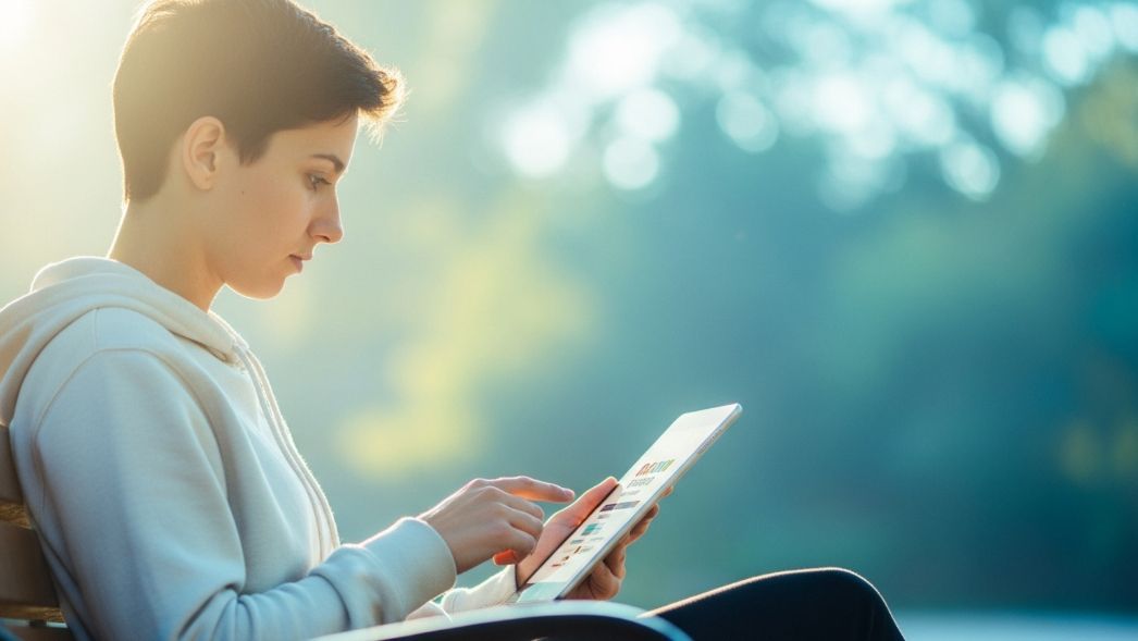 Woman using a tablet, backlit by sunlight, sitting on a park bench.