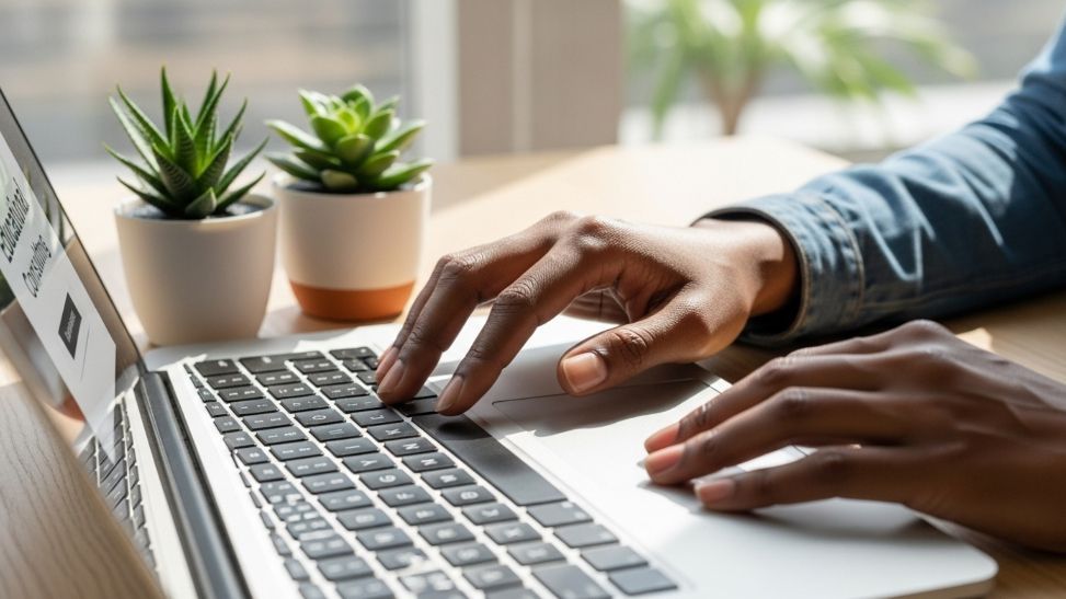 Hands typing on a laptop keyboard near small potted plants on a wooden desk.