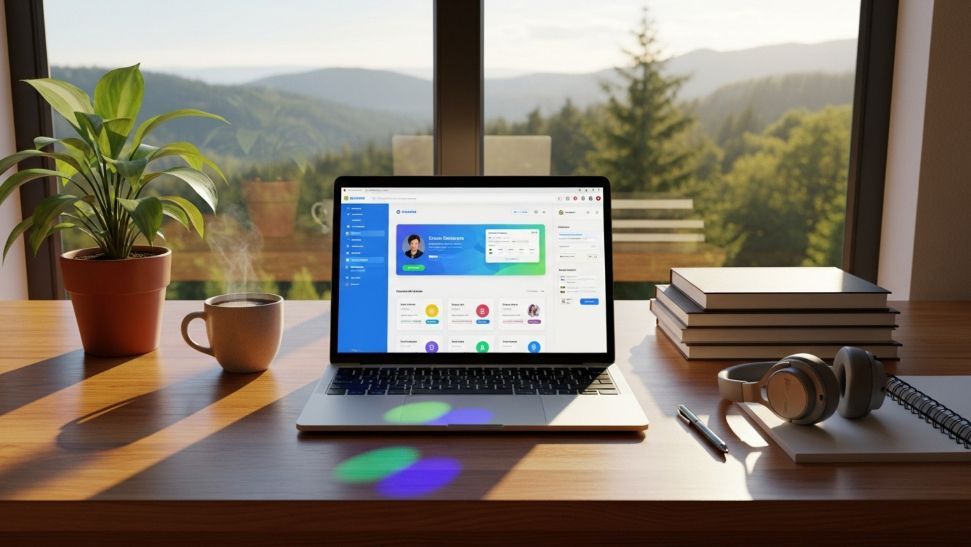 Laptop displaying a dashboard on a wooden desk with coffee, headphones, and a plant; window view of mountains.