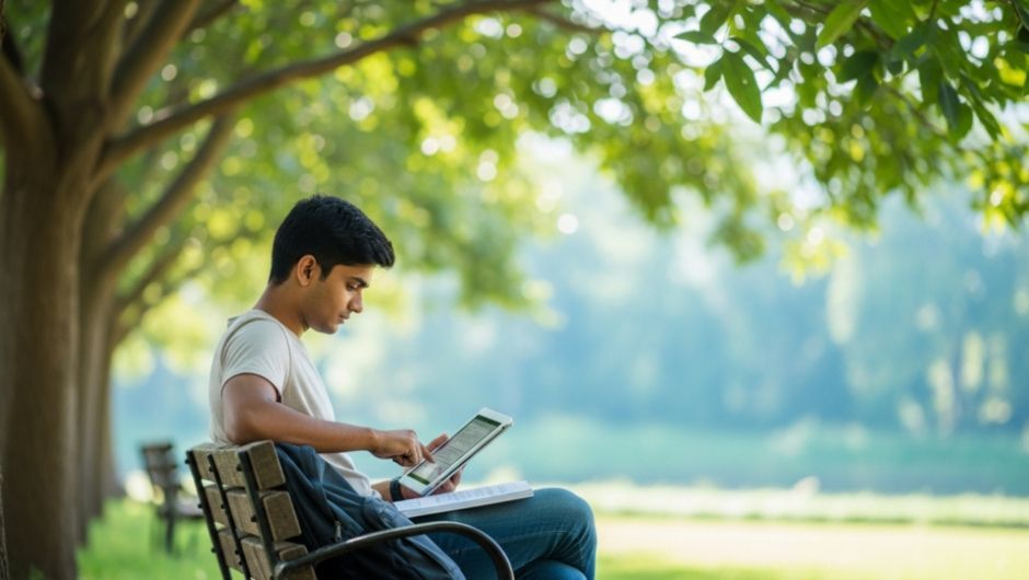 Person sitting on a park bench using a tablet under a tree in a sunny park
