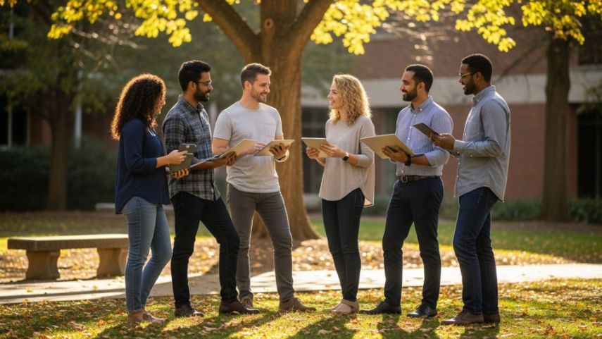 Group of six people outdoors, conversing, holding papers and tablets near a tree and building.