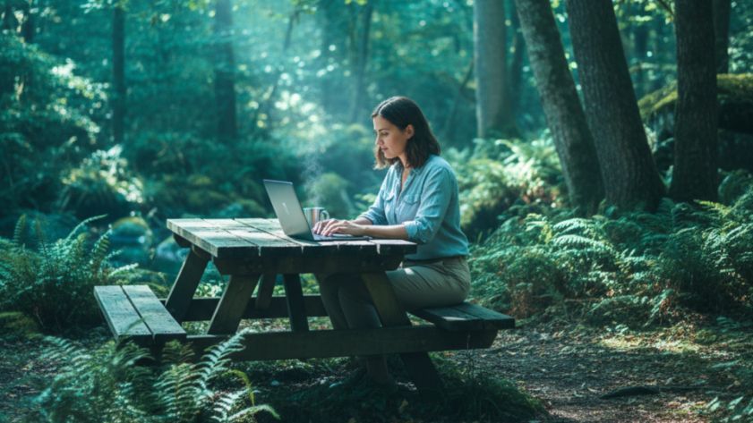 Woman works on laptop at picnic table in forest.
