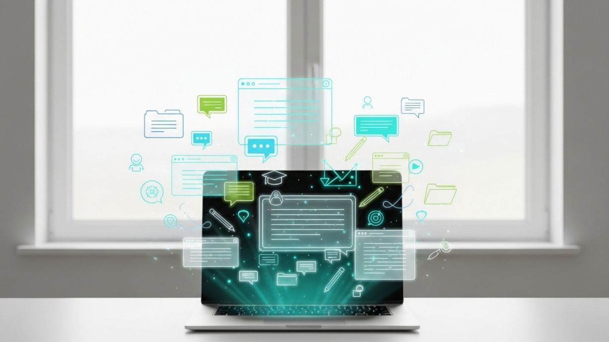 Group of people around a table using laptops with glowing icons above them. Outdoors, sunny.