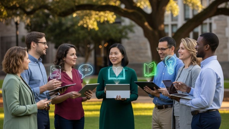 Group of people with tablets, outdoors, surrounded by digital icons, discussing something.