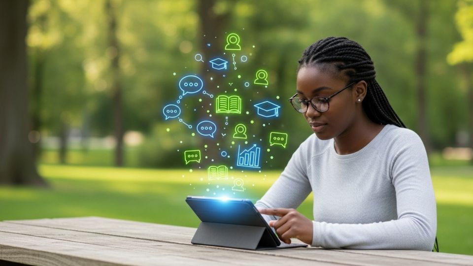 Woman using tablet outdoors; digital learning icons emitting from device.