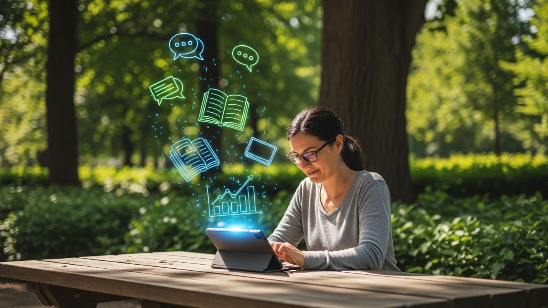 Woman using a tablet at a park table, surrounded by digital icons of communication and data.