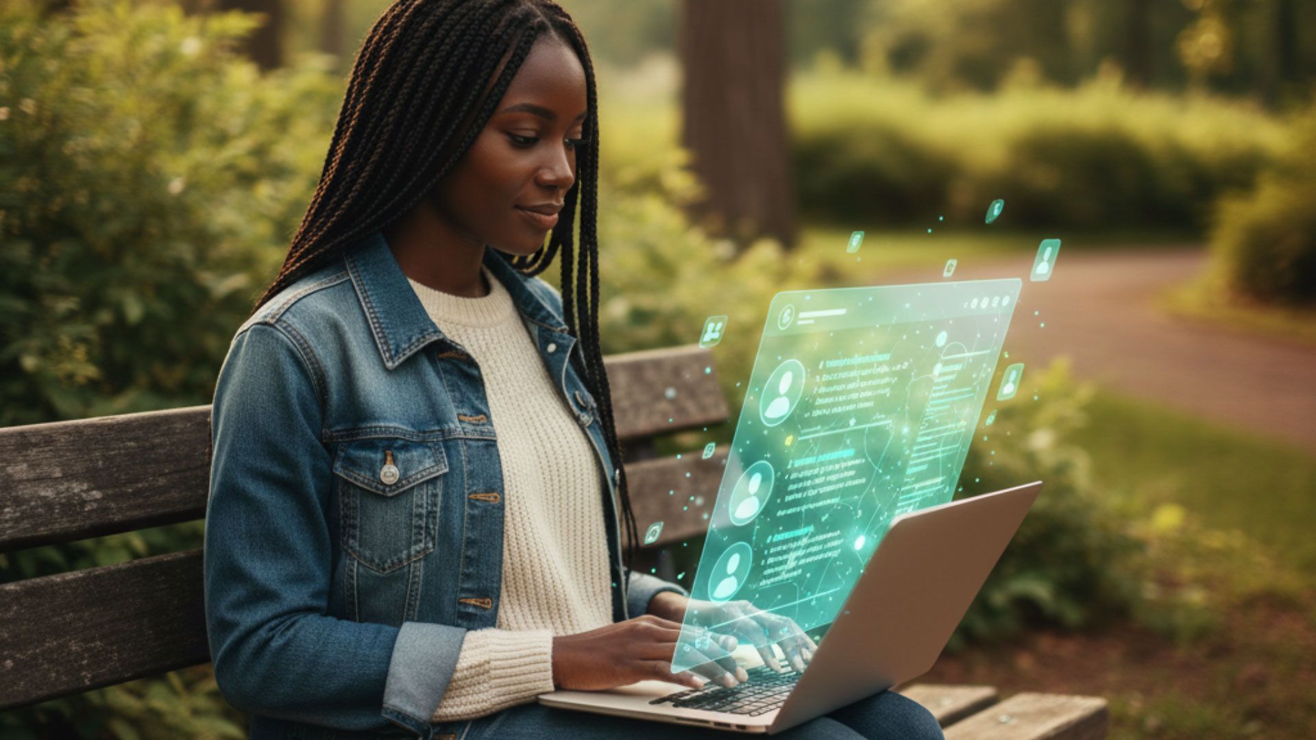 Woman with laptop outdoors, using holographic interface, park setting.