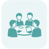 Teal icon of three people around a table in a meeting or discussion