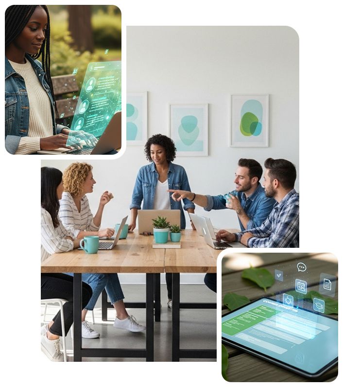 Team meeting around a wooden table with digital collaboration graphics and tablet screens displayed nearby